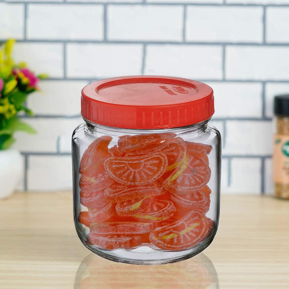 CLOUDMART 4 pcs Aahar Jar with Red Lid | Lentils, Food, Pickles, Spices, Sweets, Snacks, Rice, Kitchen Storage Container (Set Of
